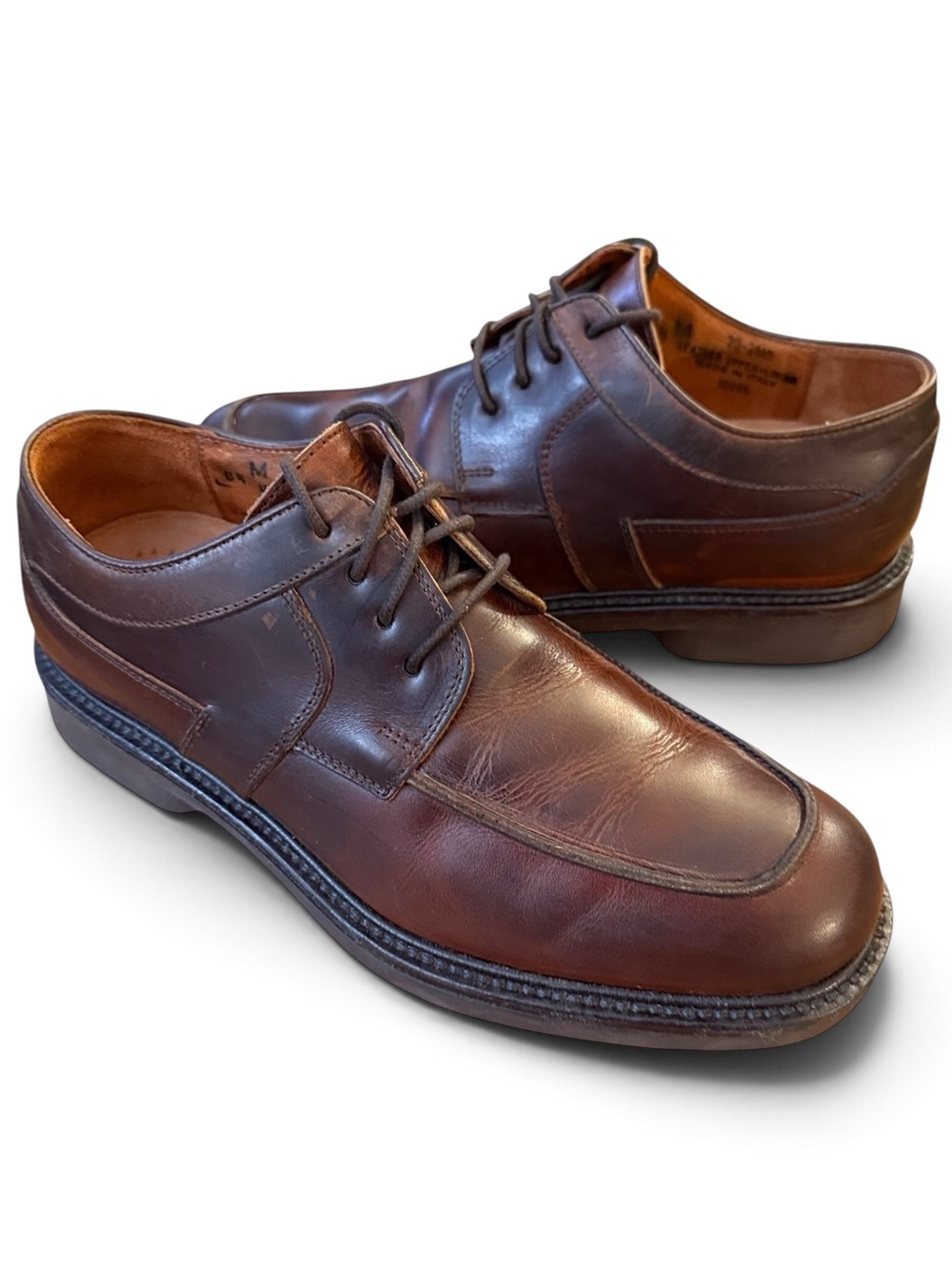 Vintage Johnston & Murphy Made in Italy Brown Leather Apron Toe Derby Shoes 8.5M